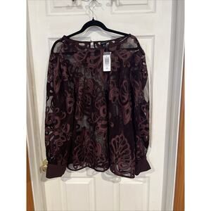NWT Torrid Blouse Mesh Burgundy Long Sleeve Embroidery Women’s Plus Size 2 18 20